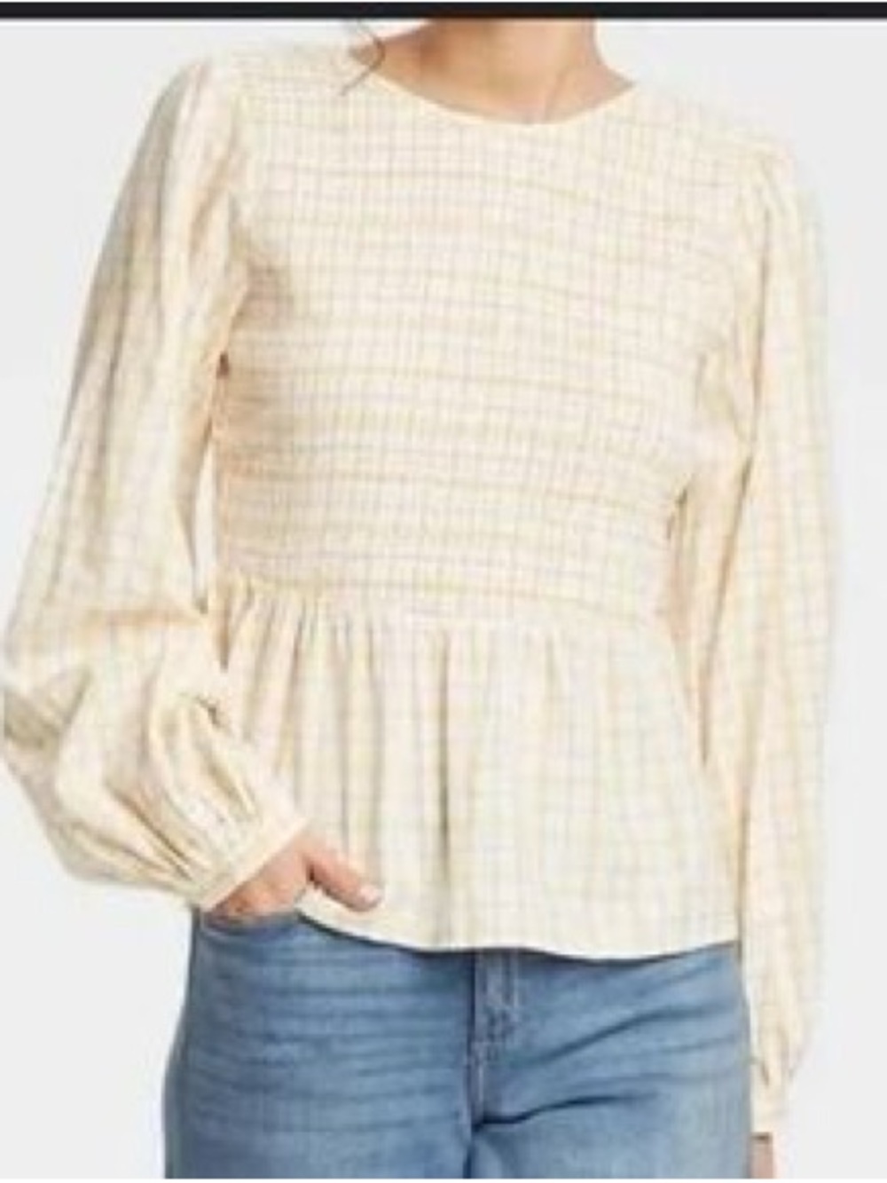 Universal Thread Cream Plaid Smocked Cotton Peplum Blouse Balloon Sleeves S